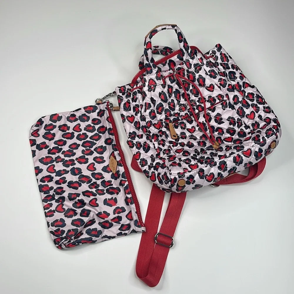 MZ Wallace Small Metro Convertible Backpack Heart Leopard Print